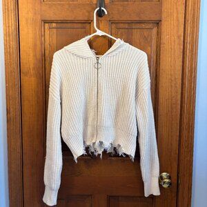 Love Tree Distressed Acrylic Crop Knit Hoodie in White